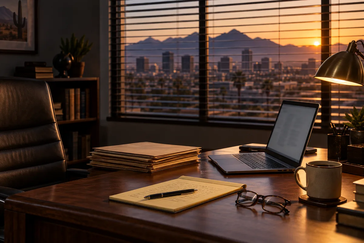 A private investigator's desk at sunset with case folders, a legal pad, reading glasses, coffee and a laptop, the Phoenix skyline beyond the blinds
